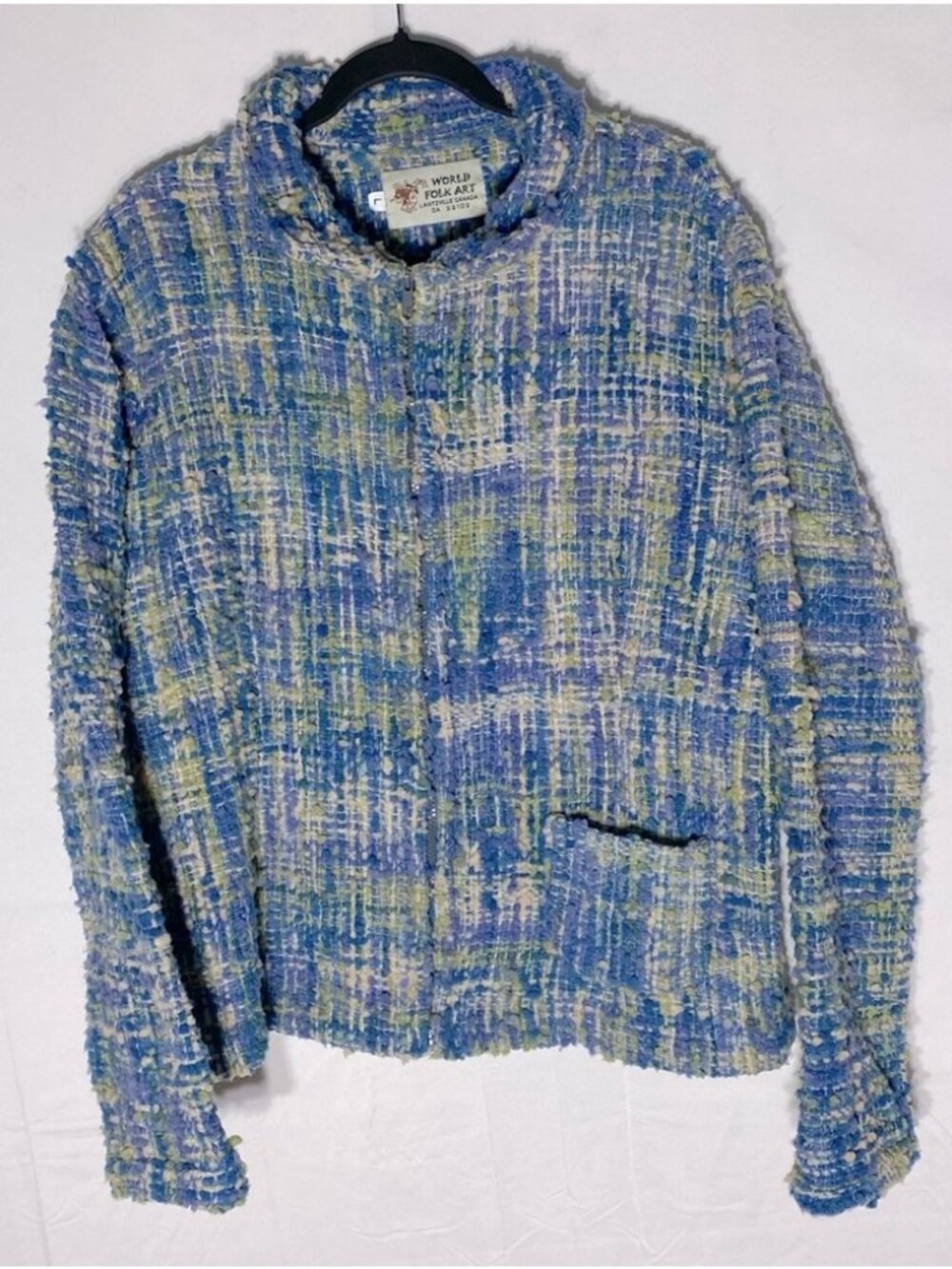 World Folk Art Blue Green Textured Wool Zip Front Light Jacket L